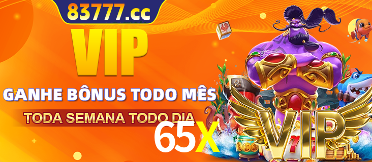 Banner promocional do 65X oferecendo 100% de recompensas adicionais contínuas para quem fizer o login diário (Daily sign-in), com um mascote de coelho.