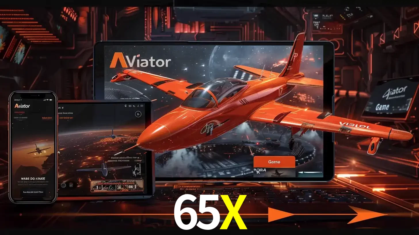 Apresentação tecnológica do jogo Aviator com um avião saindo da tela de um tablet, demonstrando a experiência imersiva em múltiplos dispositivos no 65X.