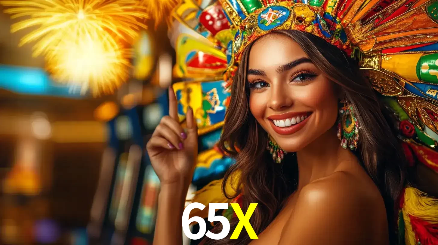 Mulher sorridente com um cocar de carnaval vibrante e colorido, celebrando uma grande vitória nos jogos do cassino 65X com fogos de artifício ao fundo.