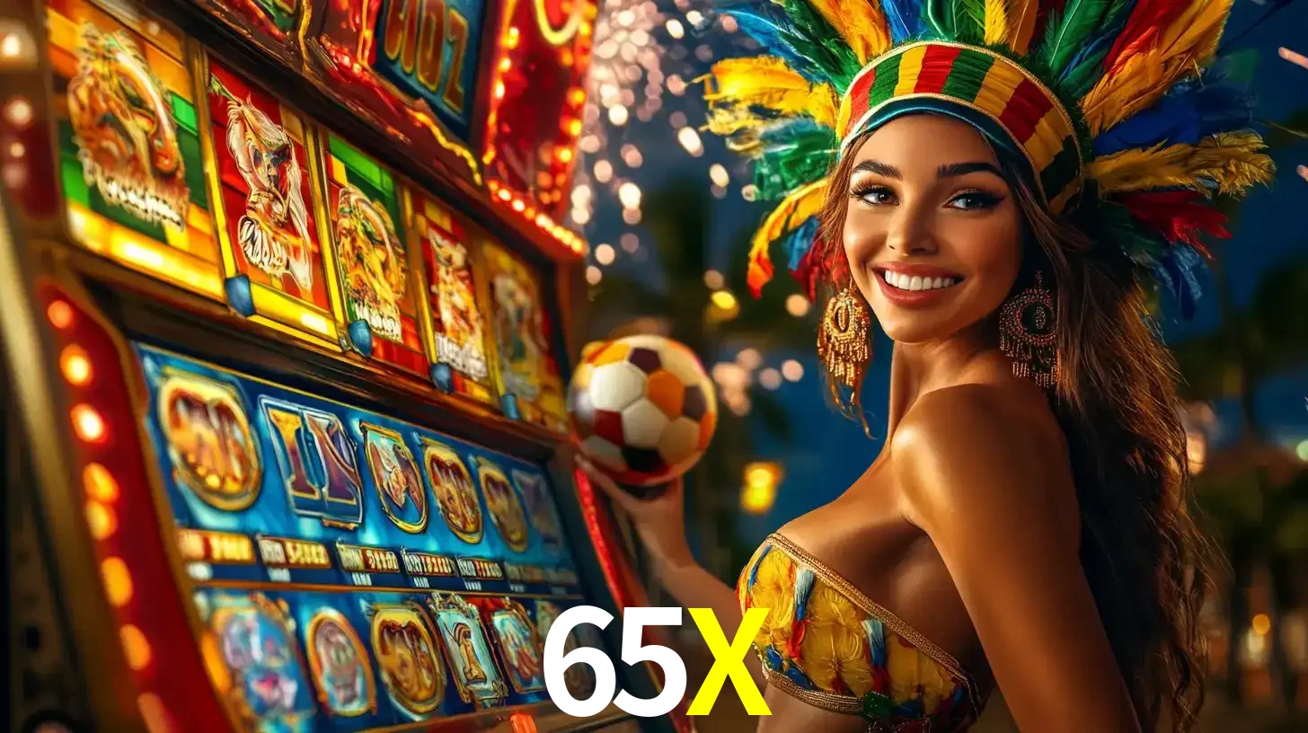 Mulher com um cocar de carnaval ao lado de uma máquina de caça-níqueis enquanto segura uma bola de futebol, mostrando a união da diversão de cassino e esportes no 65X.