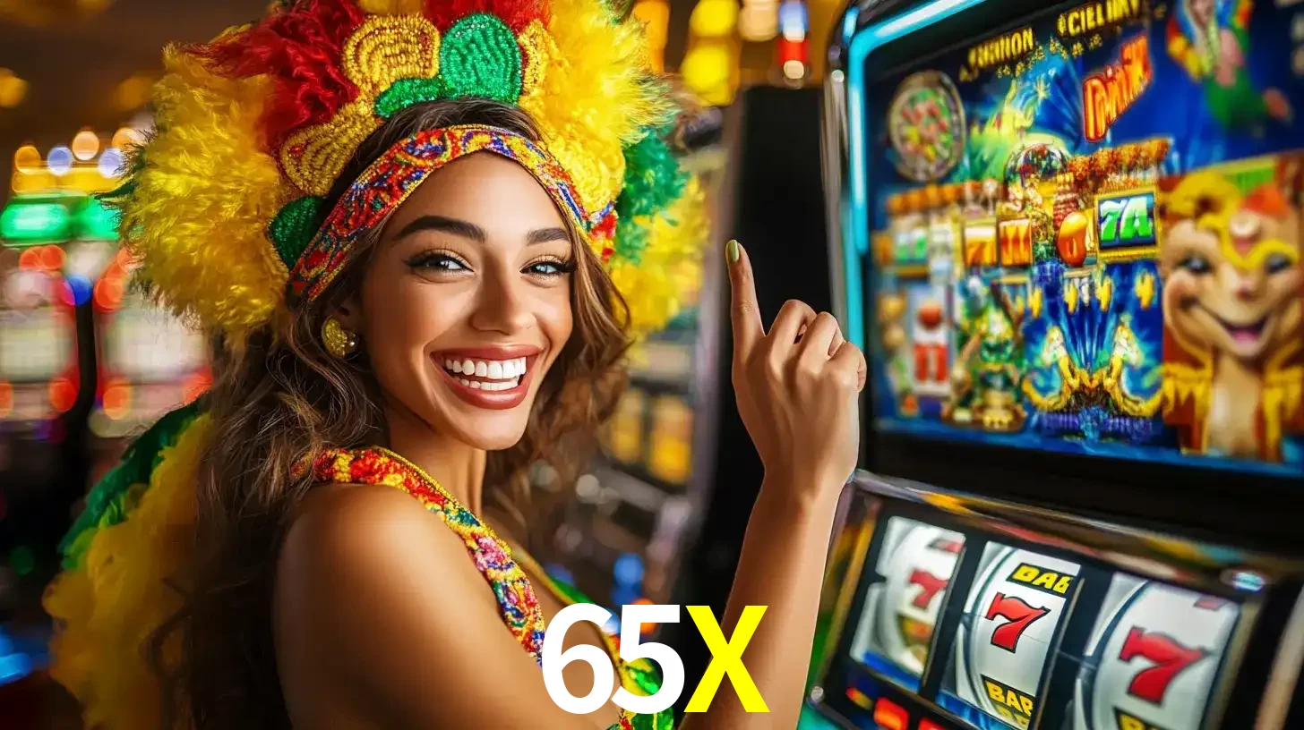 Mulher animada com um cocar de carnaval apontando para uma máquina de caça-níqueis, mostrando a emoção de ganhar um grande prêmio nos jogos do 65X.