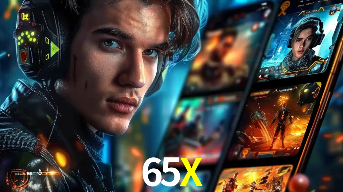 Jovem jogador com fones de ouvido olhando para a câmera, com um aplicativo de jogos e e-sports para celular ao fundo, pronto para a competição e apostas no 65X.