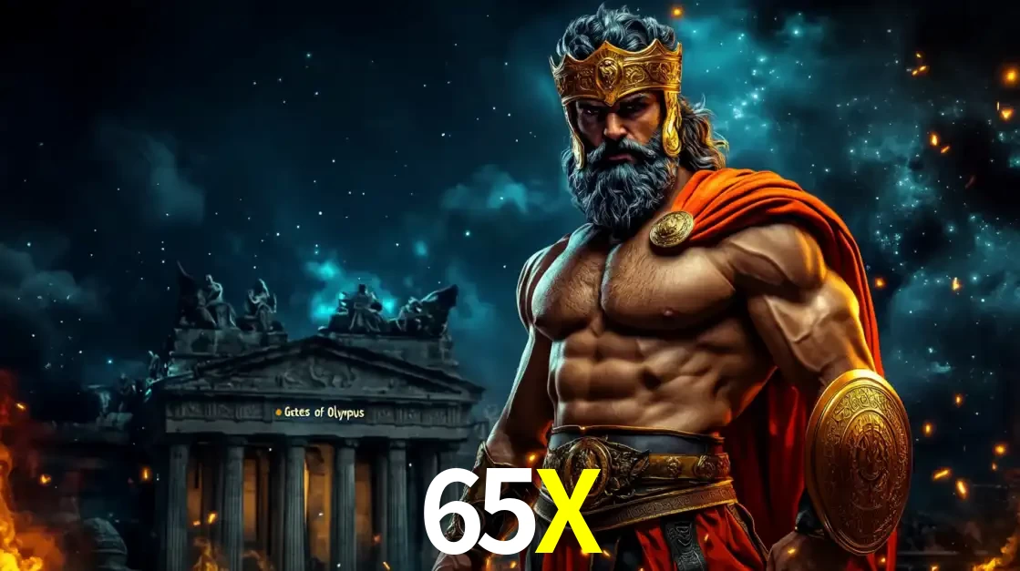 O poderoso Zeus do jogo de slot Gates of Olympus em frente ao seu templo, pronto para lançar multiplicadores divinos e prêmios épicos no cassino online 65X.