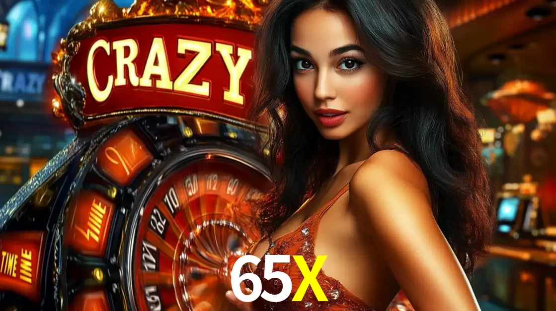 Mulher glamourosa olhando para a câmera com a roda vermelha do Crazy Time ao fundo em um ambiente de cassino, destacando a emoção dos jogos ao vivo no 65X.