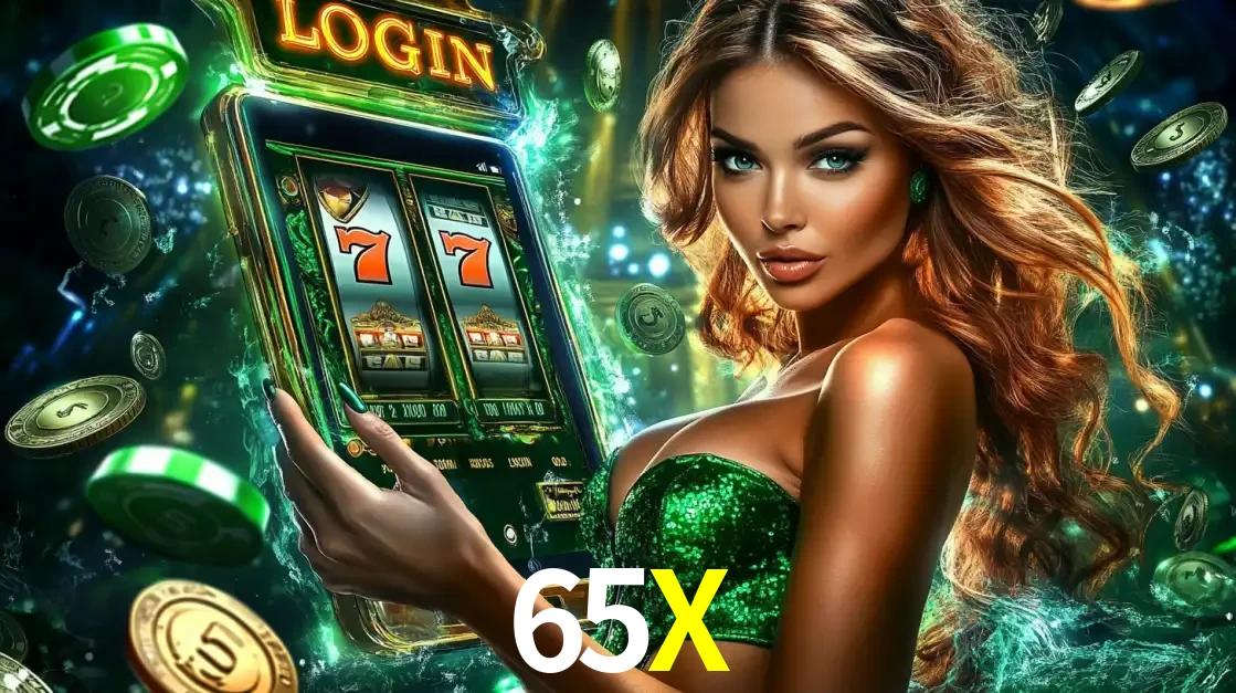 Mulher com tema verde apresentando o aplicativo do cassino 65X com um jogo de slot de 777, cercada por fichas de cassino e uma aura de sorte.
