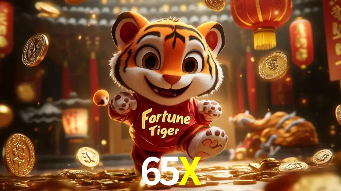 O alegre personagem do Fortune Tiger correndo sobre um caminho de moedas de ouro, simbolizando os grandes prêmios e a diversão do popular jogo de slot do 65X.