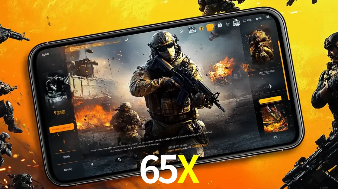 Um smartphone exibindo a interface de um jogo de tiro em primeira pessoa, com um soldado em um cenário de batalha, representando a ação dos e-sports para apostar no 65X.
