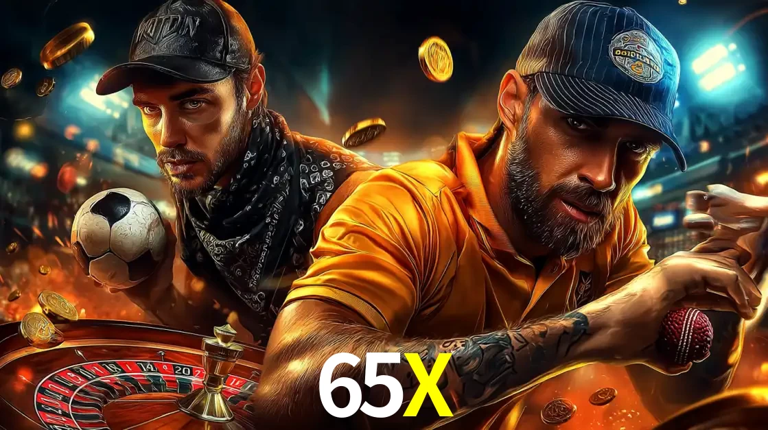 Montagem de apostas esportivas e cassino no 65X, com um homem segurando uma bola de futebol e outro uma de beisebol sobre uma roleta e moedas voadoras.