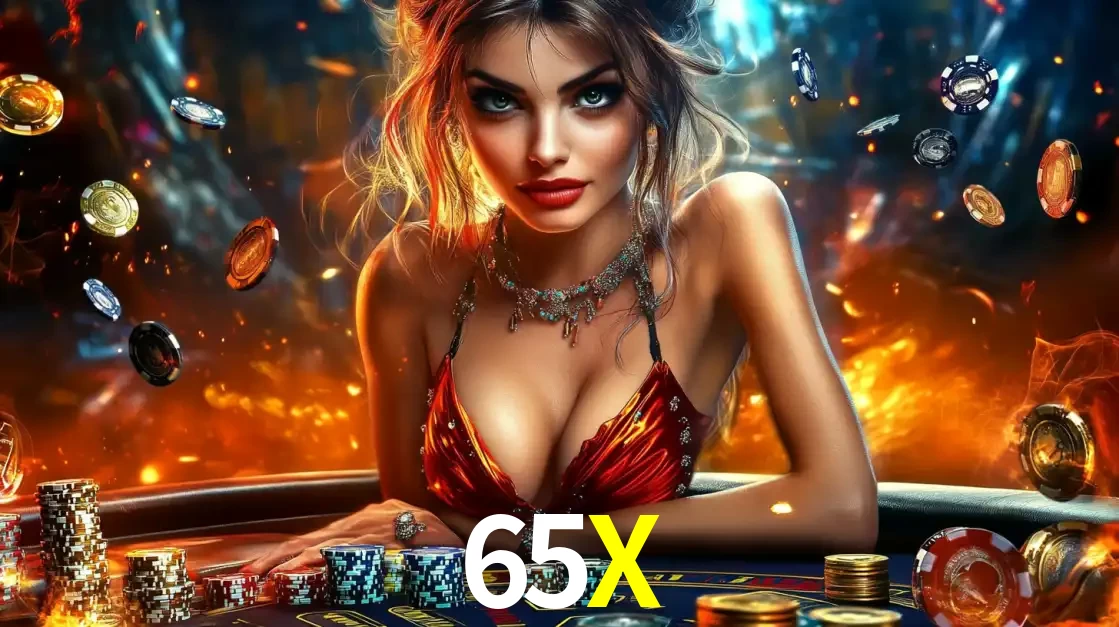 Mulher em uma mesa de cassino com pilhas de fichas e um fundo de fogo, pronta para uma rodada de altas apostas nos jogos de mesa emocionantes do cassino 65X.