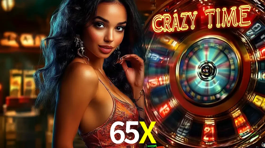 Mulher elegante ao lado da vibrante roda da fortuna do jogo de cassino ao vivo Crazy Time, um dos game shows mais populares e cheios de prêmios do 65X.