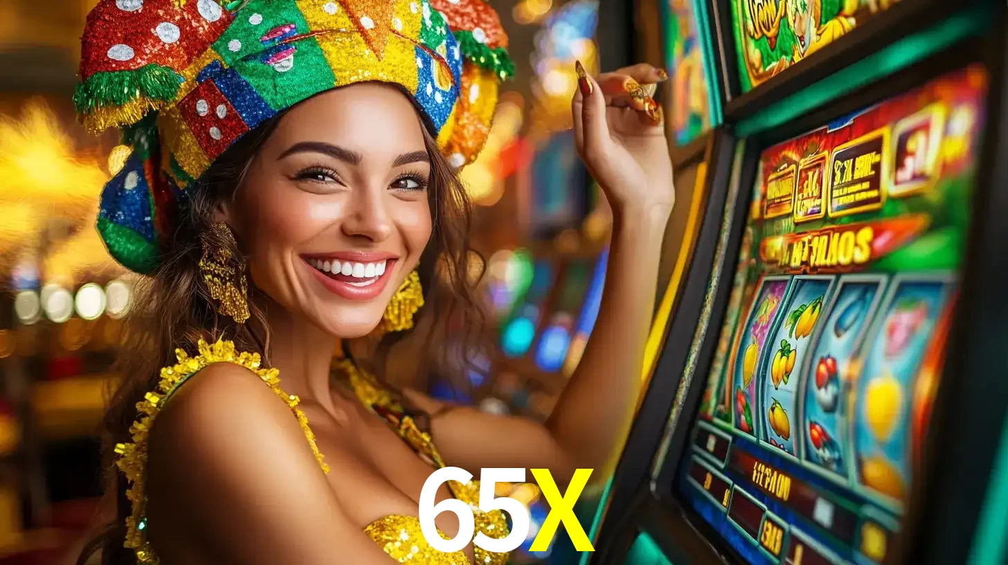 Mulher feliz com traje de carnaval amarelo e colorido ao lado de uma máquina de caça-níqueis, aproveitando a diversão e os jogos temáticos do cassino 65X.