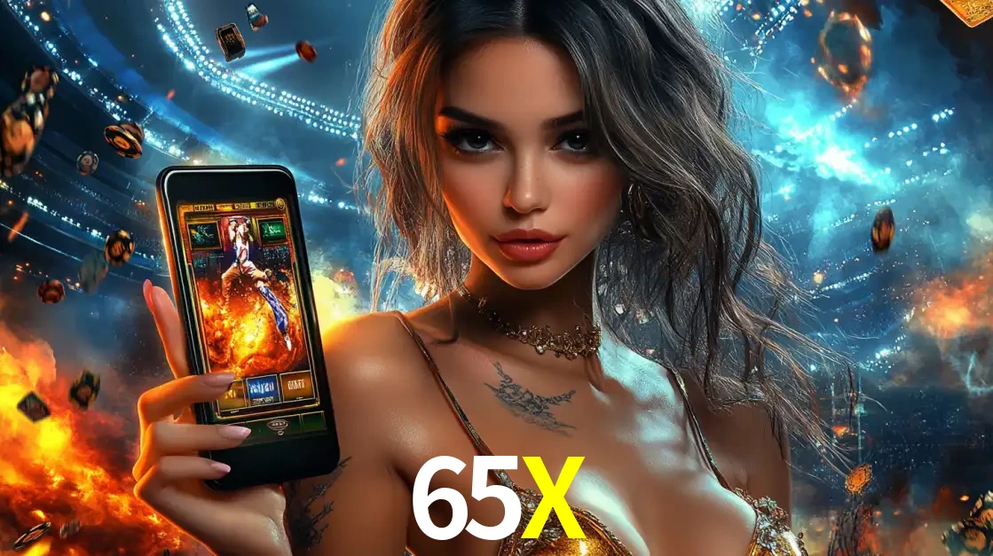 Mulher segurando um celular com um jogo de slot em destaque, tendo como fundo um estádio vibrante, simbolizando a emoção de jogar no cassino móvel 65X.